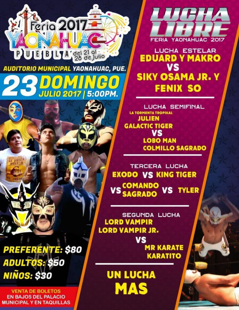 Cartel de Lucha Libre Domingo 23 de Julio Yaonáhuac Puebla México